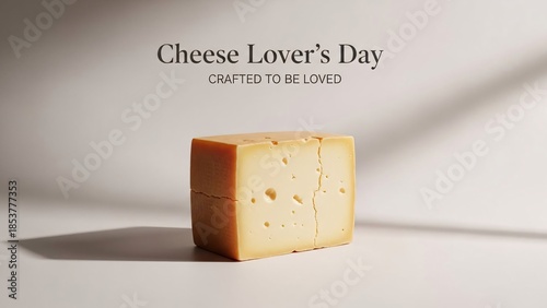 A block of cheese on a white surface with the words cheese lover s day above it
