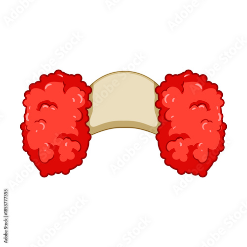 Clown wig presenting two large fluffy red puffs attached to a curved beige band, an iconic symbol for humor, circus, and entertainment, isolated on a white background