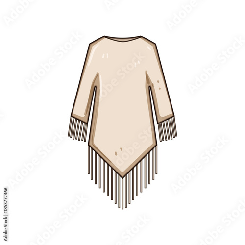 Beige fringed poncho styled as western dress or top, boho cowgirl fashion piece with textile fringe detail, isolated on white for apparel, costume and lifestyle concepts