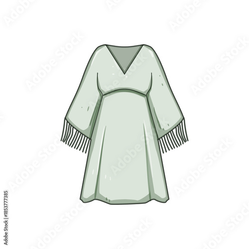 Cowgirl dress featuring a light green color, v neck, cinched waist, flowing sleeves, and distinct fringe accents on the cuffs, representing a blend of vintage and bohemian fashion
