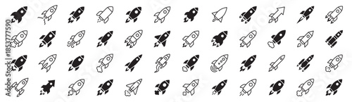Rocket icons mega set. Space launch rocket symbols in line and solid styles. Big startup, innovation and space exploration collection for technology, business and science design – stock vector