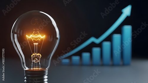 Glowing light bulb with rising growth chart bar graph. Business innovation and success concept. Incandescent lamp shining in front of blue increasing arrow