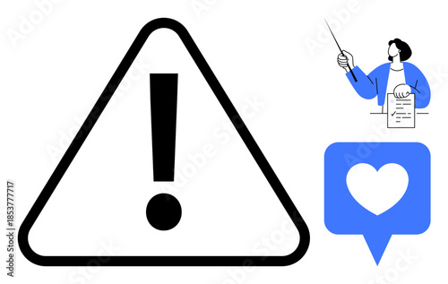 Large triangle with exclamation mark, figure teaching or presenting, heart in chat bubble. Ideal for communication, education, warning signs, emotions, online messaging safety alerts. Simple flat