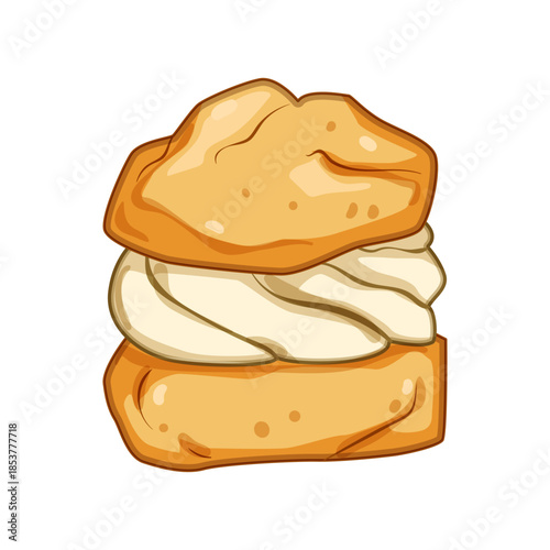 Classic cream puff pastry filled with sweet whipped cream, charming vector illustration of a puffy choux bun on white background, perfect for bakery and dessert design