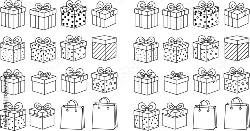 Gift box collection, shopping bags, festive packaging, colorful design, pattern variety, retail icons, holiday wrap, present grid, decorative illustration