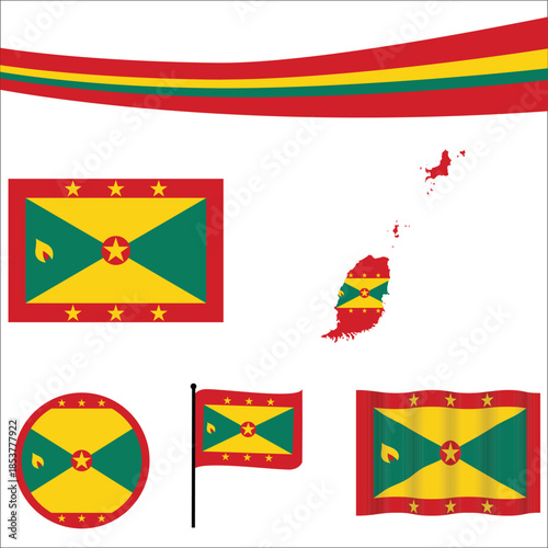 Colorful Grenada Map with Ribbon and National Flags, Country Outline Featuring Five Heart Shaped Grenada Flags, Caribbean Island Vector Illustration for Travel, Stickers, Print and Infographics