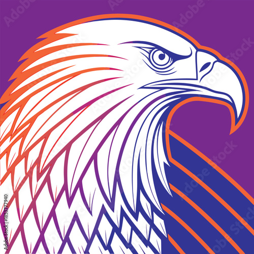Aggressive eagle head profile vector illustration white orange purple gradient background fierce bird of prey