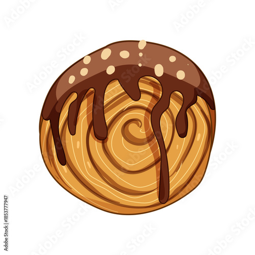 Cromboloni cake, a trendy sweet pastry hybrid, featuring a golden baked spiral layer, covered with rich dripping chocolate icing and crunchy nut toppings, offering a delicious dessert concept