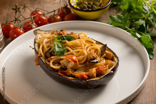 eggplant stuffed with spaghetti and swordfish