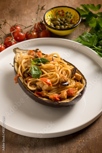 eggplant stuffed with spaghetti and swordfish