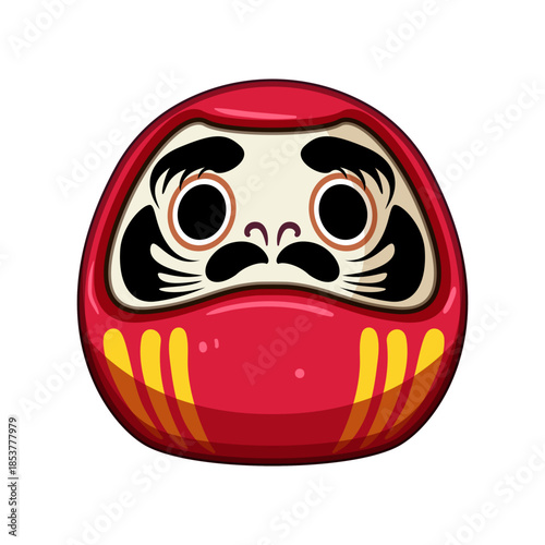 Japanese daruma doll vector illustration embodying the concepts of resilience, good luck, and goal setting, featuring a traditional red design with black markings and yellow accents