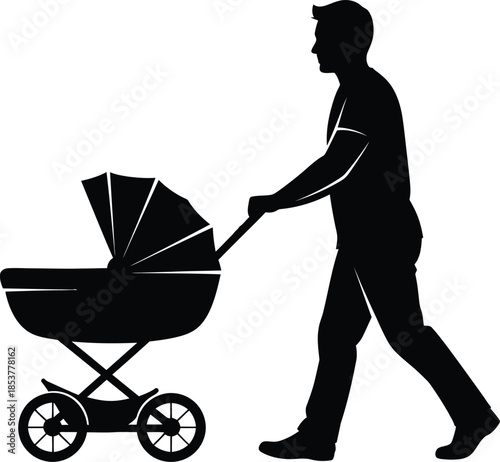 Silhouette of a father walking with a baby in a stroller