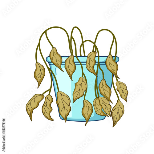 Dead plant in a light blue pot with dry, wilting brown leaves, illustrating concepts of failure, neglect, decay, disappointment, and the need for care or revival