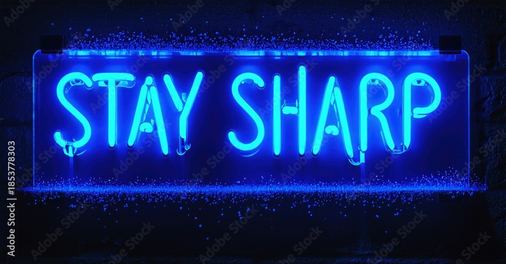 Fototapeta premium Bright blue neon sign displays Stay Sharp. Dark background emphasizes glowing text. Modern aesthetic, simple message.