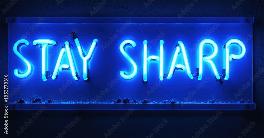 Fototapeta premium Bright blue neon sign displays words stay sharp against dark wall. Simple, modern aesthetic. Minimalist design, impactful message.