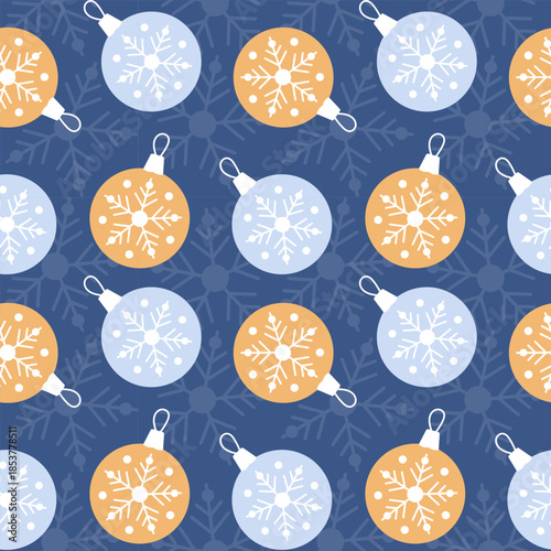 New Years pattern with cream and blue balls and snowflakes, festive Christmas atmosphere. On blue background.