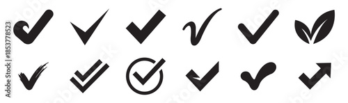 Set of bold minimal check mark symbols in various shapes showing approval, confirmation, validation, success, completion and verified choices in clean solid silhouettes suitable for universal concepts