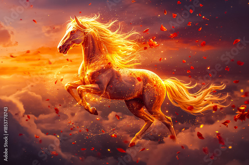 A powerful and agile horse running across soft white clouds, symbol of strength and vitality in Chinese New Year 2026.