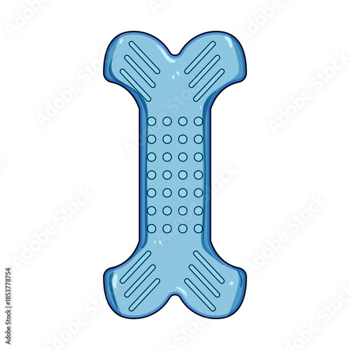 Blue stylized plastic bone toy featuring a textured surface with parallel lines and embossed circles, designed for pets' chewing and playing pleasure, isolated on a clean white background
