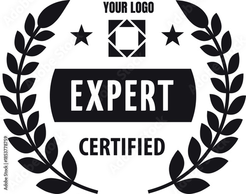 Expert certified badge with laurel wreath, guarantee certificate label, high qualification seal, vector black stamp