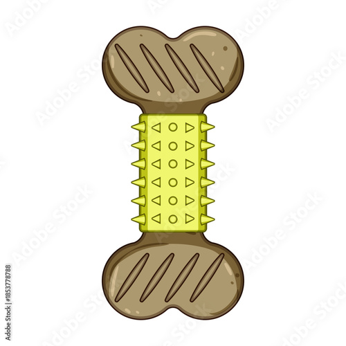 Cartoon illustration featuring a brown and yellow dog bone shaped chew toy, designed for pet dental health and stimulating play, on a white background