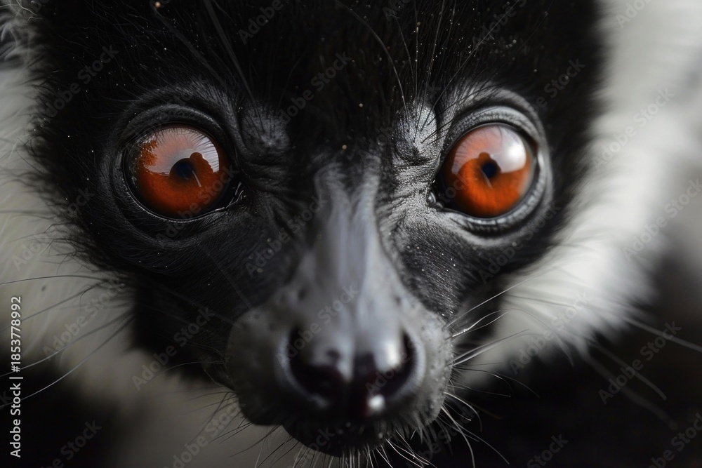 Fototapeta premium Close up of a black and white ruffed lemur showcasing its captivating orange eyes and facial features