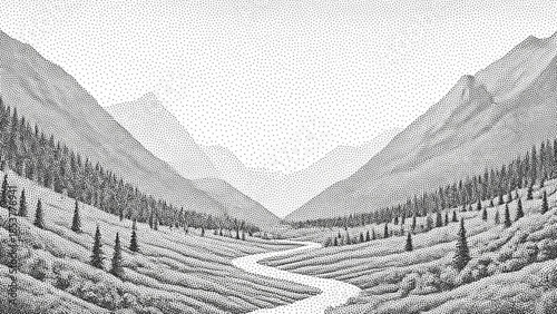 Serene mountain valley with a winding river lush green landscape and distant peaks a peaceful natural vista for travel and nature themes