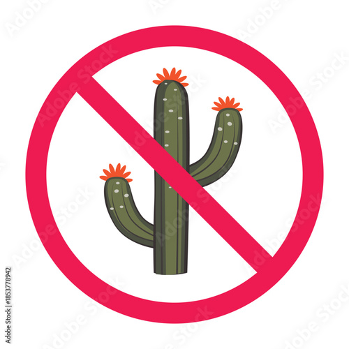 No cactus sign, do not touch cactus sign, no cactus allowed icon, no spiky plant sign, vector illustration