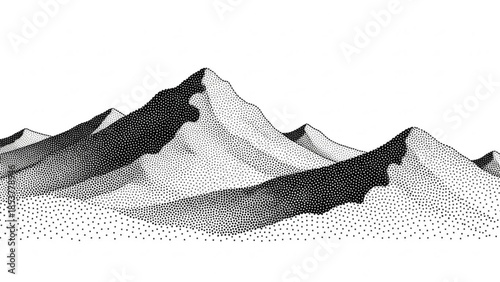 Minimalist mountain range illustration ink wash style landscape with textured peaks and dunes perfect for nature themes and graphic design