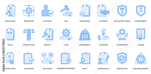 Regulation Icon Set. Containing Procedure, Authority, Law, Compliance, Rules, Constitution Icons. Lineal Blue Style