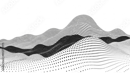 Abstract topographic landscape created with dots and lines representing data visualization or sound waves isolated on white background