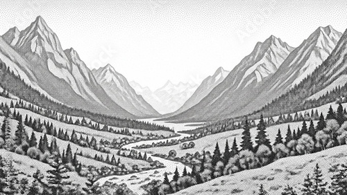 Serene mountain valley landscape winding river and pine trees detailed illustration for nature and travel concepts