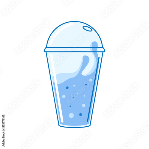 Plastic beverage cup with dome lid and straw hole filled with cool blue bubbly liquid, symbolizing hydration, refreshment, purity and a portable cold drink for summer or fitness