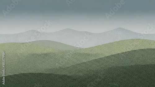 Misty rolling green hills and mountains serene landscape illustration with subtle texture perfect for nature backgrounds and wellness concepts