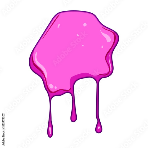 Pink viscous liquid dripping down, forming uneven splashes and flowing streaks with glossy highlights on a clean white background for vibrant, sticky design use
