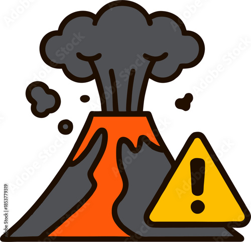Volcanic Eruption Warning Icon with Lava, Ash Cloud, and Hazard Alert Sign