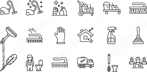 Set of thin line cleaning and sanitation icons featuring vacuum cleaners spray bottles janitor carts brushes rubber gloves plunger and house cleaning services isolated on white background