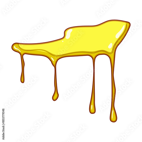 Yellow liquid dripping downward, creating a messy, sticky, and gooey texture, isolated on a white background, representing concepts of flow, sweet food, or paint