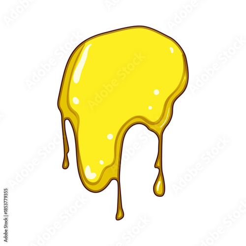 Golden yellow viscous liquid blob slowly dripping and forming drops, creating a sticky, gooey, and sweet texture with highlight details, ideal for food and dessert concepts