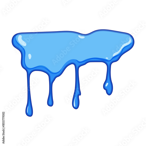 Blue liquid dripping from an abstract shape symbolizes concepts of flow, fluidity, melting, and refreshment, useful as a decorative element or graphic background