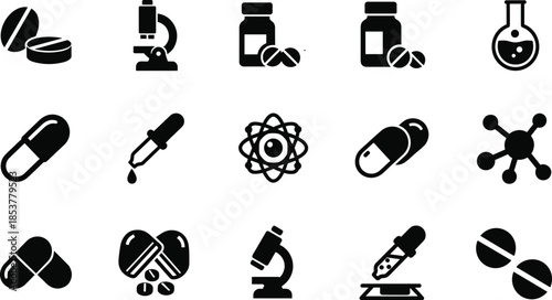 Set of black medical and pharmaceutical icons featuring various pill capsules tablets medicine bottles microscopes laboratory flasks and chemical dropper symbols isolated on white background 