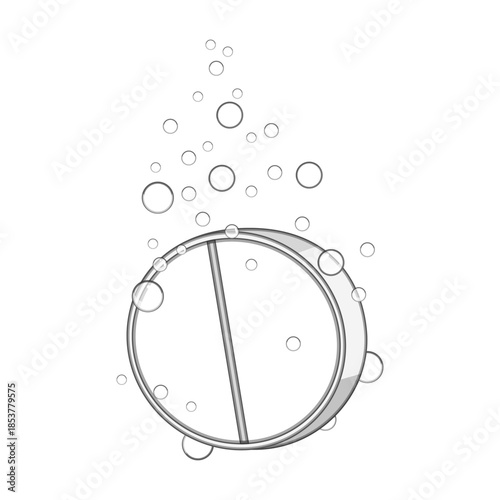 Effervescent tablet creating numerous bubbles while dissolving in water, depicting concepts of solution, medicine, health, and quick relief in simple monochromatic illustration