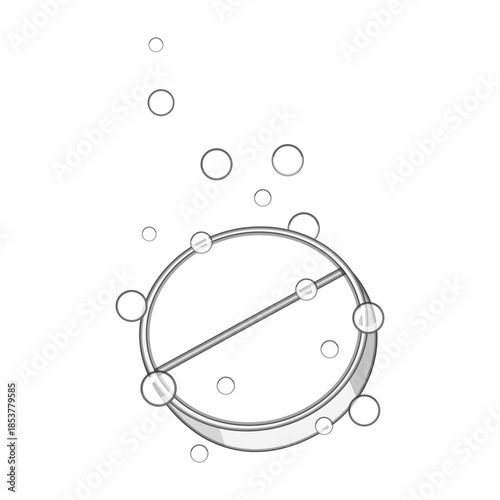 Round effervescent tablet dissolving in water, generating numerous bubbles and depicting concepts of medicine, health, dissolution, and chemical reaction with a clear line art illustration style