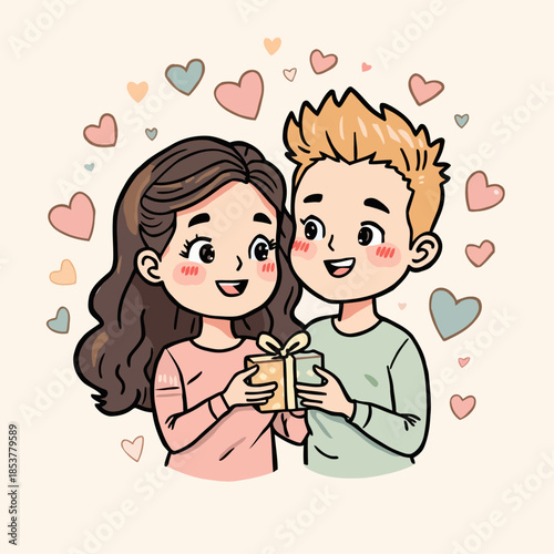 Cute Cartoon Couple Exchanging Gifts with Floating Pastel Hearts