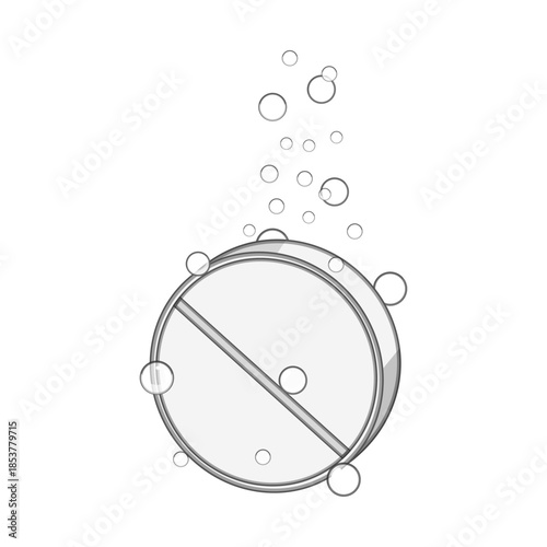 Round effervescent tablet falling into liquid, creating streams of upwelling bubbles, representing quick dissolution, medical treatment, pain relief, and nutrient absorption
