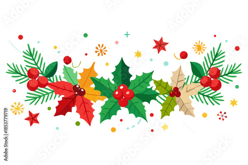 Vibrant Christmas decoration with colorful holly, stars, and berries on black