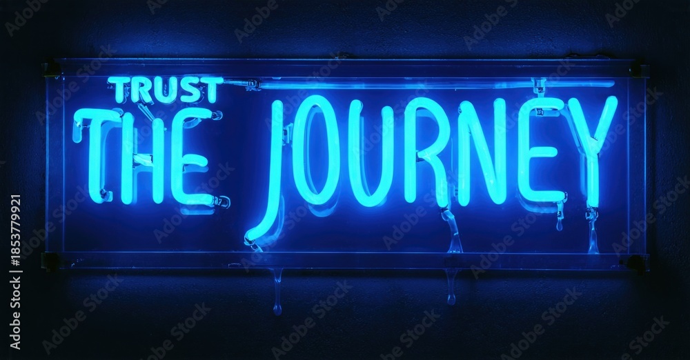 Fototapeta premium Bright neon sign displays text. Blue glow illuminates dark background. Message promotes trust, journey concept. Simple, modern aesthetic.
