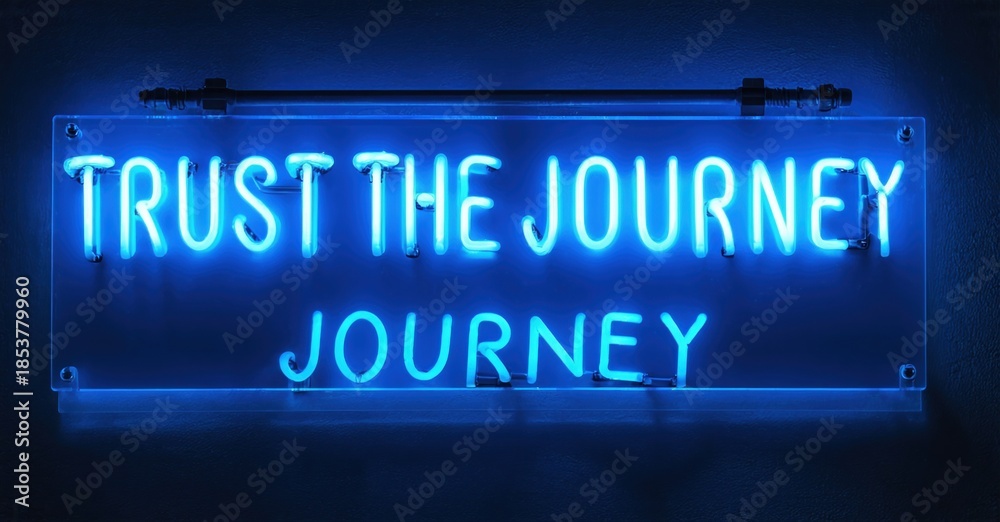 Fototapeta premium Bright blue neon sign displays inspirational message. Rectangular shape mounted on dark wall. Simple, modern aesthetic.