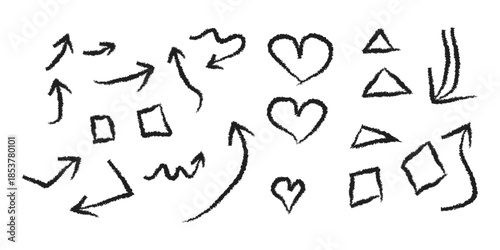 Hand drawn shapes and arrows on a white background