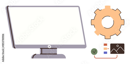 Desktop screen beside a gear, checklist, and visual content layout symbolizing workflow, design, and customization. Ideal for technology, productivity tools, web design, automation planning